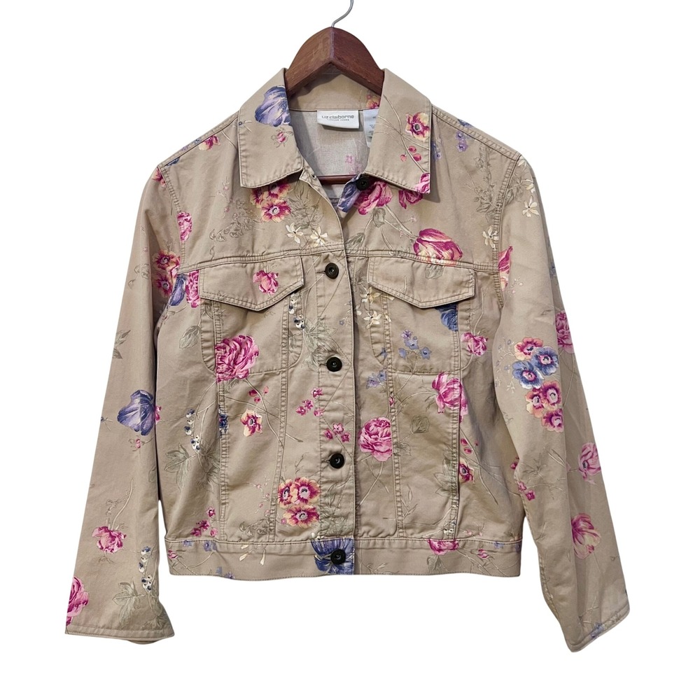 Liz Claiborne Tan Floral Denim Trucker Jacket Boxy VintageCotton‎ Womens Medium